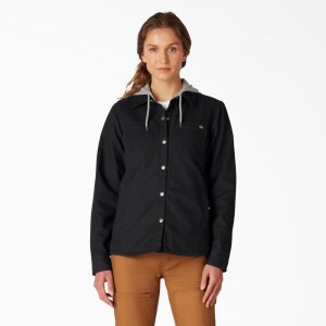 Black Dickies Duck Hooded Shirt Women's Jacket | 280-DOJXSG