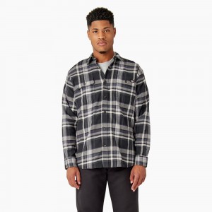 Black Dickies FLEX Long Sleeve Flannel Men's Shirt | 406-DZWMCJ