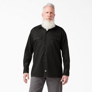 Black Dickies FLEX Relaxed Fit Long Sleeve Men's Work Shirts | 270-IJOUPS