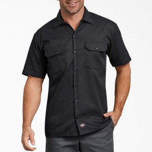 Black Dickies FLEX Relaxed Fit Short Sleeve Men's Work Shirts | 276-ISRNFD