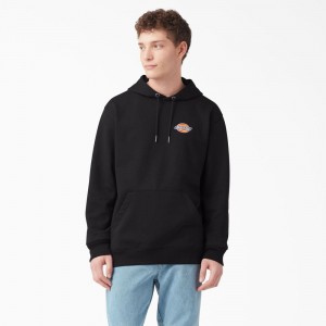 Black Dickies Fleece Embroidered Chest Logo Men's Hoodie | 961-GAOXHJ