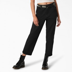 Black Dickies Relaxed Fit Contrast Stitch Cropped Women's Cargo Pants | 439-TYAUWJ