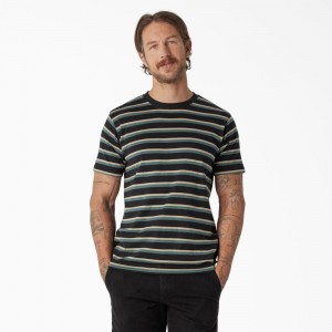 Black Dickies Skateboarding Striped Men's T-Shirt | 832-DMEYWH