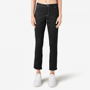 Black Dickies Slim Straight Fit Roll Hem Carpenter Women's Pants | 927-HBVGKA