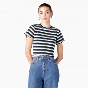 Black Dickies Striped Cropped Baby Women's T-Shirt | 062-JUENCT