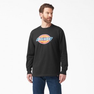 Black Dickies Tri-Color Logo Graphic Long Sleeve Men's T-Shirt | 614-GFUXZR