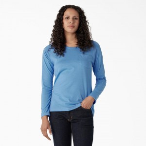 Blue Dickies Cooling Long Sleeve Pocket Women's T-Shirt | 109-PDAZWX