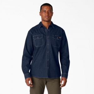 Blue Dickies FLEX Denim Long Sleeve Men's Shirt | 184-GPVJHY