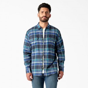 Blue Dickies FLEX Long Sleeve Flannel Men's Shirt | 073-VJBQKY