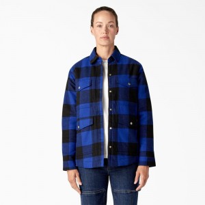 Blue Dickies Flannel High Pile Fleece Lined Chore Coat Women's Jacket | 654-OECSPI