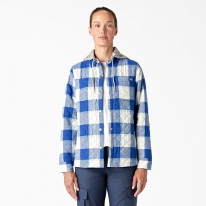 Blue Dickies Flannel Hooded Shirt Women's Jacket | 653-TCUJYN