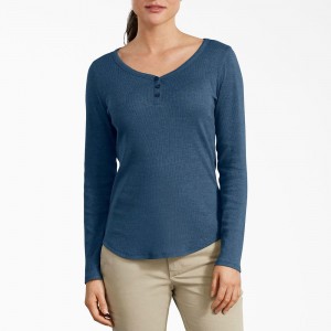 Blue Dickies Henley Long Sleeve Women's T-Shirt | 593-UZCWXT