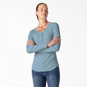 Blue Dickies Henley Long Sleeve Women's T-Shirt | 031-DAPCEX