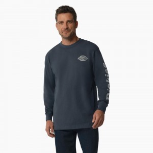 Blue Dickies Long Sleeve Heavyweight Logo Men's T-Shirt | 720-UHRQJD