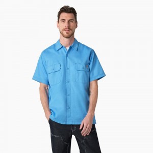 Blue Dickies Madras Short Sleeve Men's Work Shirts | 280-SAIZDQ