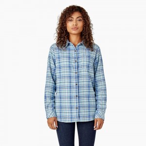 Blue Dickies Plaid Flannel Long Sleeve Women's Shirt | 309-BZYMXO