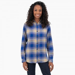 Blue Dickies Plaid Flannel Long Sleeve Women's Shirt | 946-FQHRVI