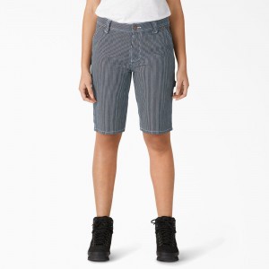 Blue Dickies Relaxed Fit Hickory Stripe Carpenter Women's Shorts | 967-NQCXJY