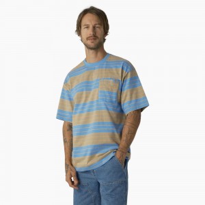 Blue Dickies Relaxed Fit Striped Pocket Men's T-Shirt | 947-CRQKIT