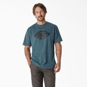 Blue Dickies Short Sleeve Heavyweight Logo Men's T-Shirt | 256-RSZMQO