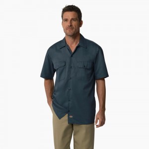 Blue Dickies Short Sleeve Men's Work Shirts | 350-XVUDCK