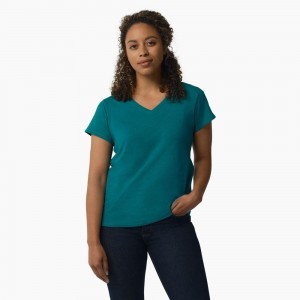 Blue Dickies Short Sleeve V-Neck Women's T-Shirt | 035-PSCMVF