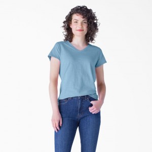 Blue Dickies Short Sleeve V-Neck Women's T-Shirt | 864-DIVNRU