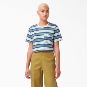 Blue Dickies Striped Cropped Pocket Women's T-Shirt | 920-TZHLAJ