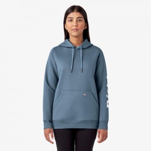 Blue Dickies Water Repellent Sleeve Logo Women's Hoodie | 138-ALJUVF