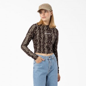 Brown Dickies Camden Long Sleeve Cropped Women's T-Shirt | 851-ZHOJLW