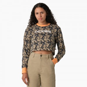 Brown Dickies Camo Long Sleeve Cropped Women's T-Shirt | 863-QKZRVU