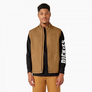 Brown Dickies Duck Canvas High Pile Fleece Lined Men's Vest | 763-LMJSZT