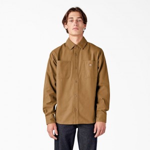 Brown Dickies Duck Canvas Long Sleeve Utility Men's Shirt | 213-AVOQNF