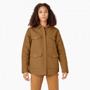 Brown Dickies Duck High Pile Fleece Lined Chore Coat Women's Jacket | 052-OCXFTH