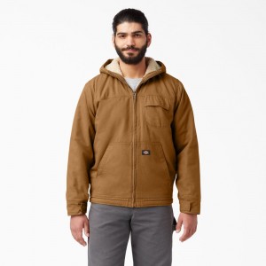 Brown Dickies Duck High Pile Fleece Lined Hooded Men's Jacket | 306-QXEVAJ