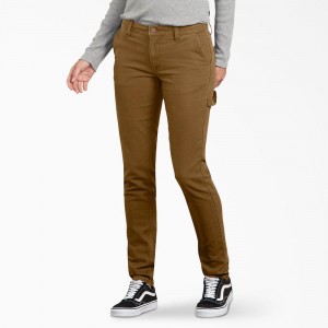 Brown Dickies FLEX Slim Fit Duck Carpenter Women's Pants | 169-MBEFDJ