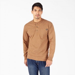 Brown Dickies Heavyweight Heathered Long Sleeve Henley Men's T-Shirt | 671-RYCJHS