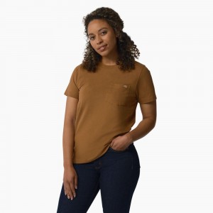 Brown Dickies Heavyweight Short Sleeve Pocket Women's T-Shirt | 947-HTCIRD