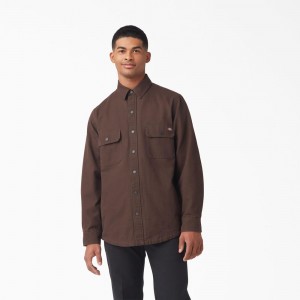 Brown Dickies Long Sleeve Flannel-Lined Duck Men's Shirt | 417-UNSWIK