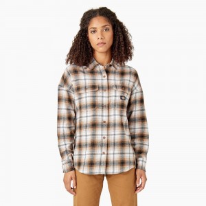 Brown Dickies Long Sleeve Flannel Women's Shirt | 968-LXESYV