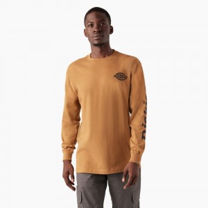 Brown Dickies Long Sleeve Heavyweight Logo Men's T-Shirt | 672-HDLUQG