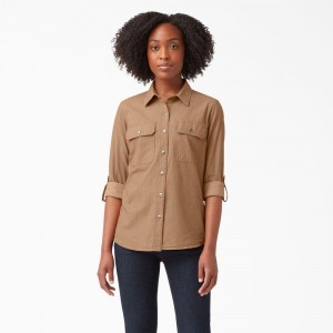 Brown Dickies Long Sleeve Roll-Tab Women's Work Shirts | 097-LENBSG