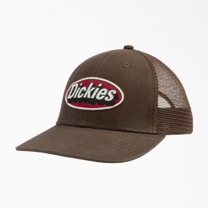 Brown Dickies Patch Logo Trucker Men's Cap | 596-ENTZOY