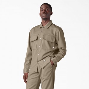 Brown Dickies Premium Collection Boxy Men's Shirt | 815-VQKAFY