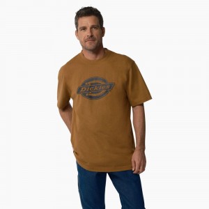 Brown Dickies Short Sleeve Heavyweight Logo Men's T-Shirt | 089-OZQDWB