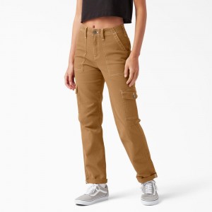 Brown Dickies Skinny Fit Cuffed Women's Cargo Pants | 745-UJBKHQ