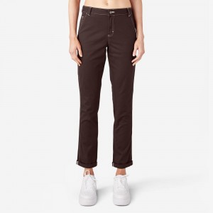 Brown Dickies Slim Straight Fit Roll Hem Carpenter Women's Pants | 309-QXLRHM