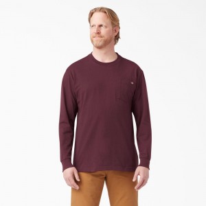 Burgundy Dickies Heavyweight Long Sleeve Pocket Men's T-Shirt | 087-EDYKAG