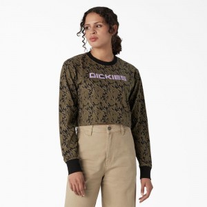 Green Dickies Camo Long Sleeve Cropped Women's T-Shirt | 065-EWPGYZ