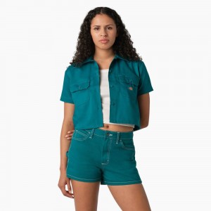 Green Dickies Cropped Women's Work Shirts | 965-LKNDGO